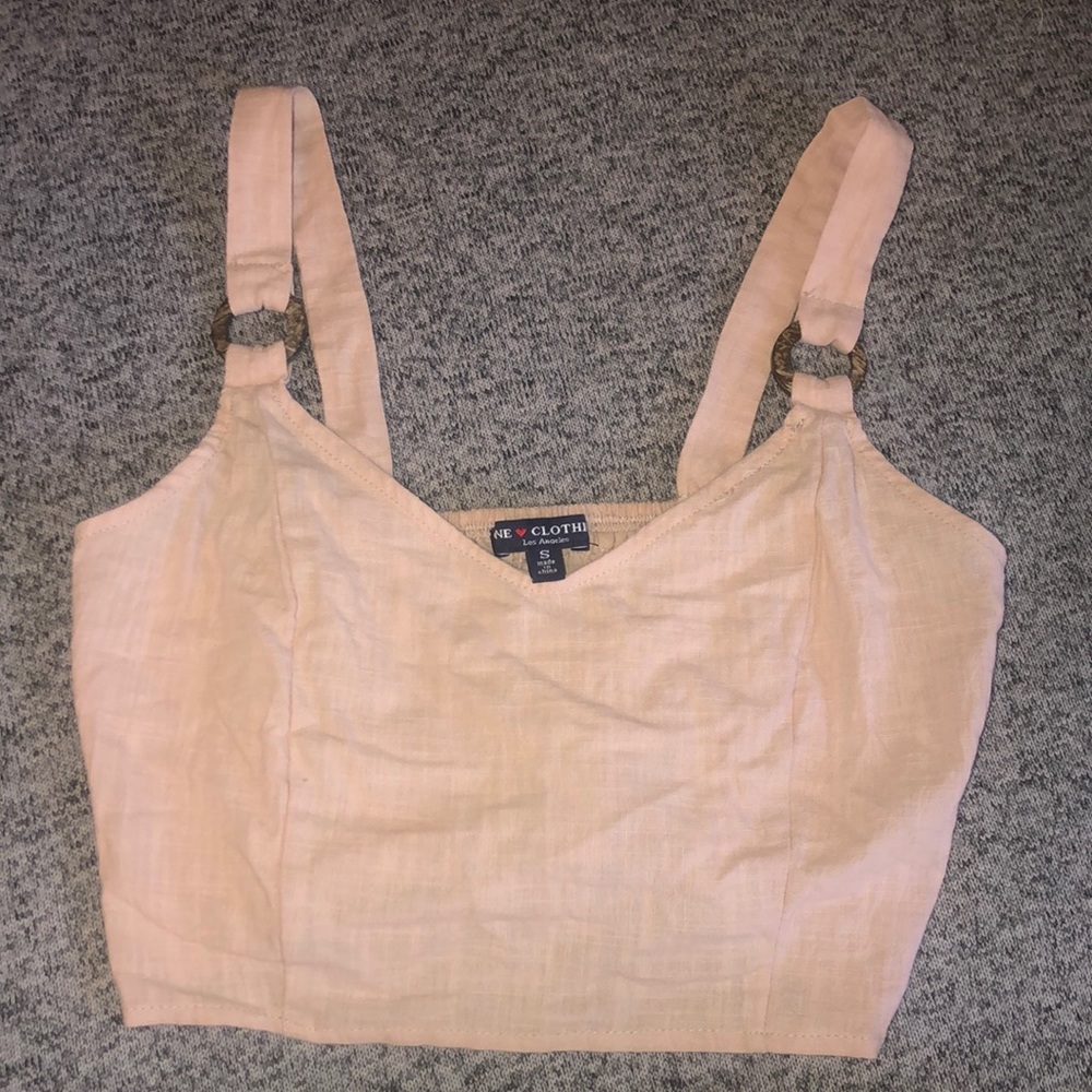 Light pink crop top w wood decor on straps